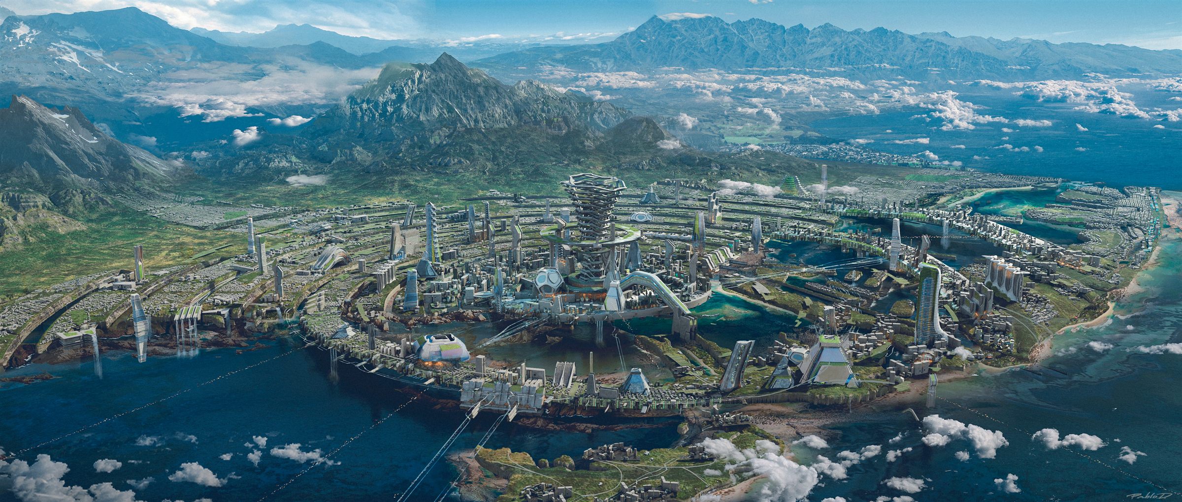 Coastal metropolis worldbuilding panorama