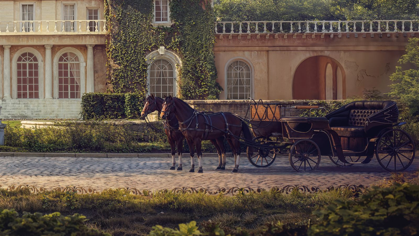 Period estate with carriage, cinematic still