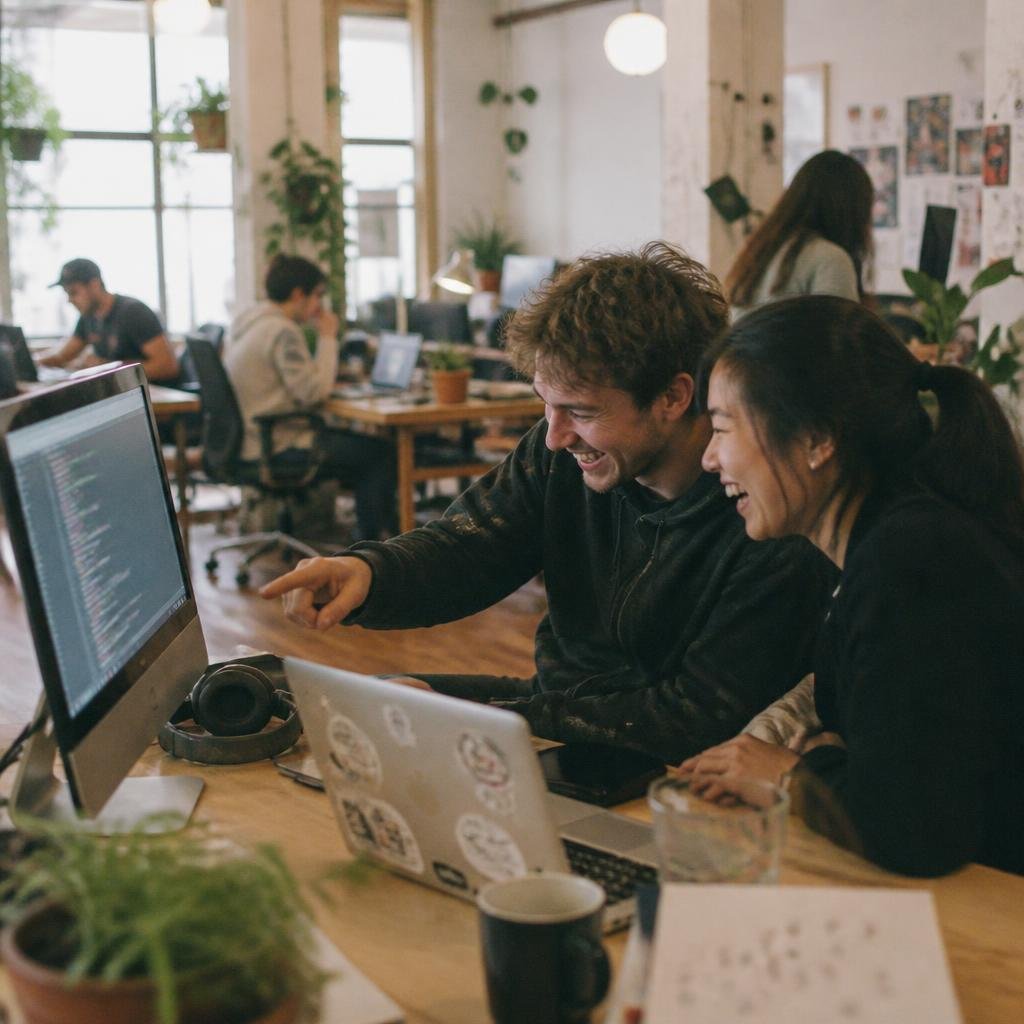 Two colleagues pair-programming and laughing