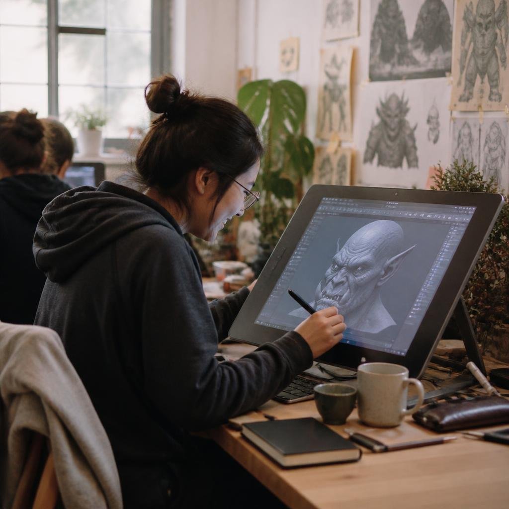 An artist sculpting a creature on a pen display