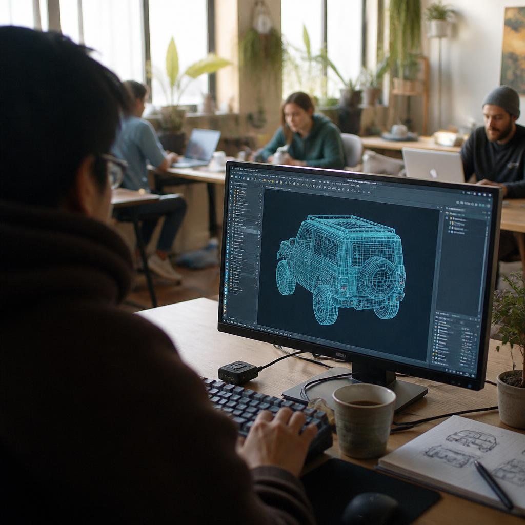 Hands on a keyboard, wireframe on screen