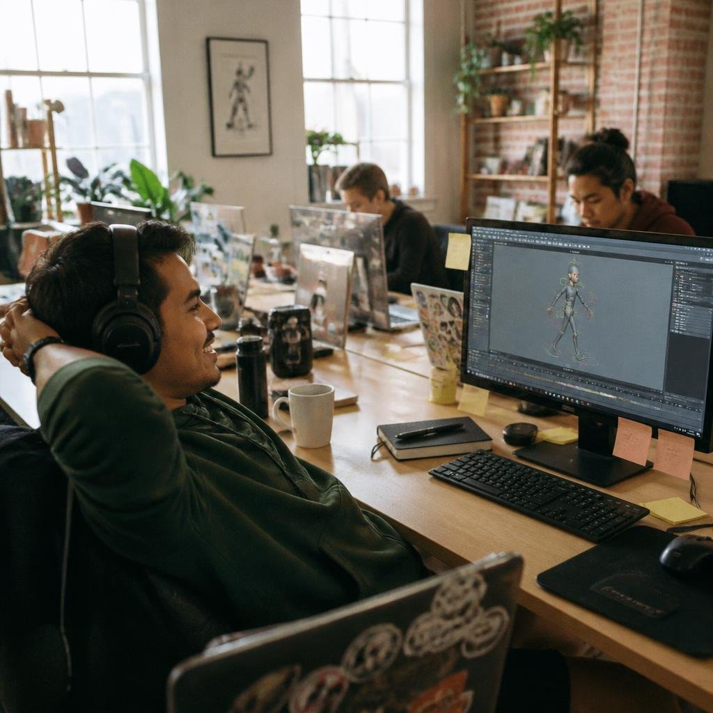 An animator leaning back, smiling at a rig