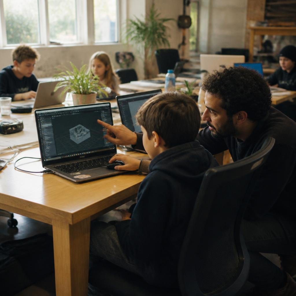 A mentor helping a child model in 3D