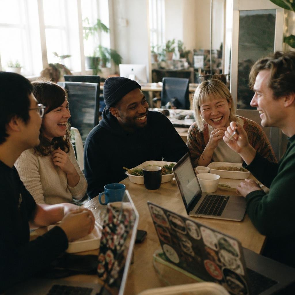 The team laughing around the kitchen table at lunch